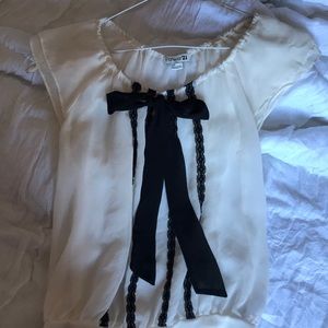 Cute Sheer Black/White Blouse With Bow Tie